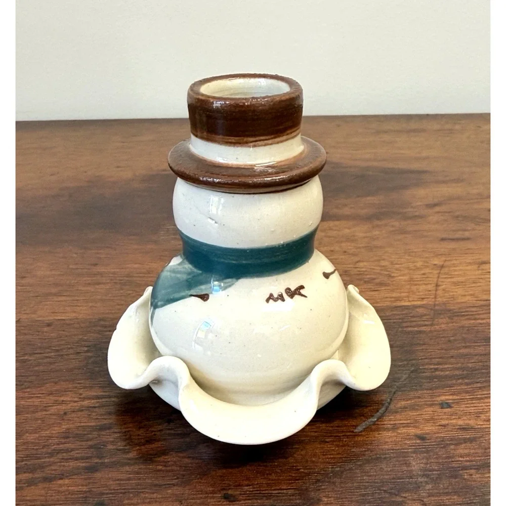 Set 2 Kovack NC Pottery Snowman Candle Holders Signed 1997 Hand Painted 3.25